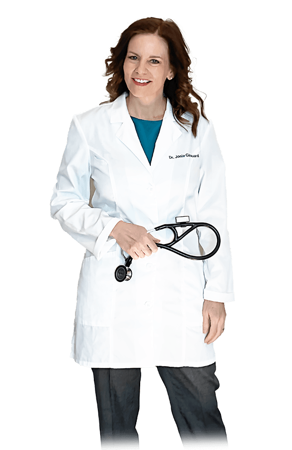 Dr Jonie Girouard full-body in white coat holding stethoscope on transparent background